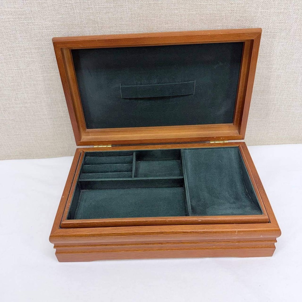 Vintage Burl Wood Jewelry Box Large Wooden Organizer Green Velvet Lining Tray